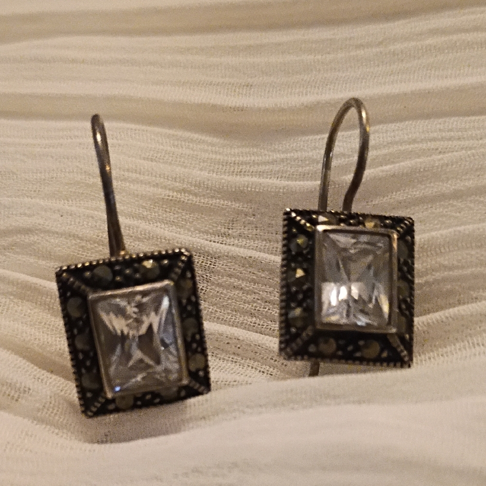 Elegant Silver And Black Rectangular Earrings - image 2